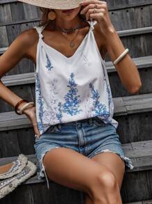 SHEIN VCAY Áo trễ vai in hoa - Xanh và trắng - Xem 3