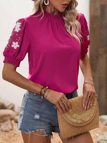 SHEIN LUNE Áo sơ mi nữ Thêu viền lá sen Dải chun Hoa Giải trí - Màu Hồng Tươi - Xem 5