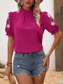 SHEIN LUNE Áo sơ mi nữ Thêu viền lá sen Dải chun Hoa Giải trí - Màu Hồng Tươi - Xem 6