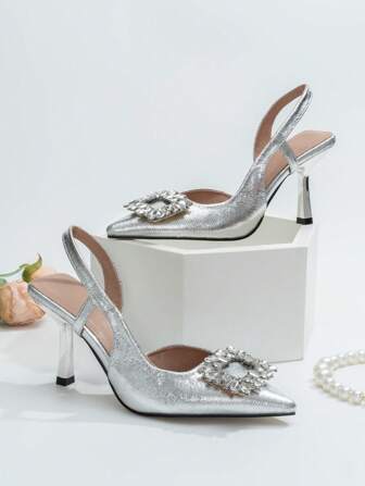 SVRM Fall/Winter 2025 Women's Fashionable Black High Heel Pointed Toe Rhinestone Bowknot Ankle Strap Sandals,Elegant,Women Pumps,Elegant,Party Outfits