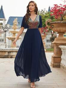 Contrast Sequin Butterfly Sleeve Chiffon Dress - Navy Blue - View 5