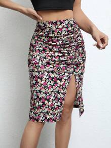 SHEIN Frenchy Ditsy Floral Print Ruched Split Thigh Skirt Summer Vacation Flower Holiday Resort - Multicolor - View 1