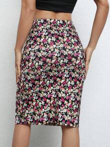 SHEIN Frenchy Ditsy Floral Print Ruched Split Thigh Skirt Summer Vacation Flower Holiday Resort - Multicolor - View 2