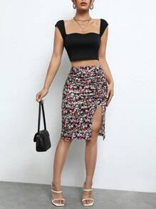 SHEIN Frenchy Ditsy Floral Print Ruched Split Thigh Skirt Summer Vacation Flower Holiday Resort - Multicolor - View 4
