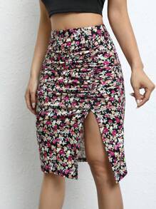 SHEIN Frenchy Ditsy Floral Print Ruched Split Thigh Skirt Summer Vacation Flower Holiday Resort - Multicolor - View 5