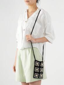 Túi đan móc họa tiết hoa Polyester - màu đen - Xem 2