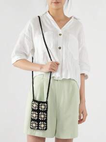Túi đan móc họa tiết hoa Polyester - màu đen - Xem 3
