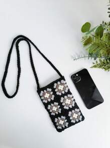 Túi đan móc họa tiết hoa Polyester - màu đen - Xem 4