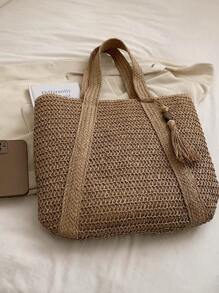 Geantă de paie cu decor cu ciucuri supradimensionate, perfectă pentru călătoriile de vară, esențiale de vară, esențiale pentru plajă, genți pentru femei pentru vacanță și vacanță, geantă de școală, capacitate mare, portabilă, pentru fete adolescente, studenți, gulere albe, perfecte pentru muncă, întoarcere la școală ,Școala gimnazială,Liceul,Colegiul,Vacanță,Plaja