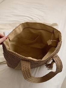 Geantă de paie cu decor cu ciucuri supradimensionate, perfectă pentru călătoriile de vară, esențiale de vară, esențiale pentru plajă, genți pentru femei pentru vacanță și vacanță, geantă de școală, capacitate mare, portabilă, pentru fete adolescente, studenți, gulere albe, perfecte pentru muncă, întoarcere la școală ,Școala gimnazială,Liceul,Colegiul,Vacanță,Plaja