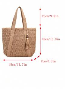 Geantă de paie cu decor cu ciucuri supradimensionate, perfectă pentru călătoriile de vară, esențiale de vară, esențiale pentru plajă, genți pentru femei pentru vacanță și vacanță, geantă de școală, capacitate mare, portabilă, pentru fete adolescente, studenți, gulere albe, perfecte pentru muncă, întoarcere la școală ,Școala gimnazială,Liceul,Colegiul,Vacanță,Plaja