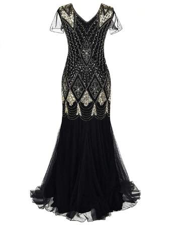 V Neck Sequined Mesh Dress Black Elegant Formal Evening Prom Wedding Guest Gown, For Graduation, Dinner Party Dress