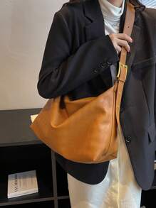 Plaid Embossed Pu Hobo Bag Large Capacity With Zipper - Brown - View 2