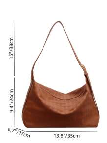 Plaid Embossed Pu Hobo Bag Large Capacity With Zipper - Brown - View 3