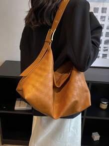 Plaid Embossed Pu Hobo Bag Large Capacity With Zipper - Brown - View 5