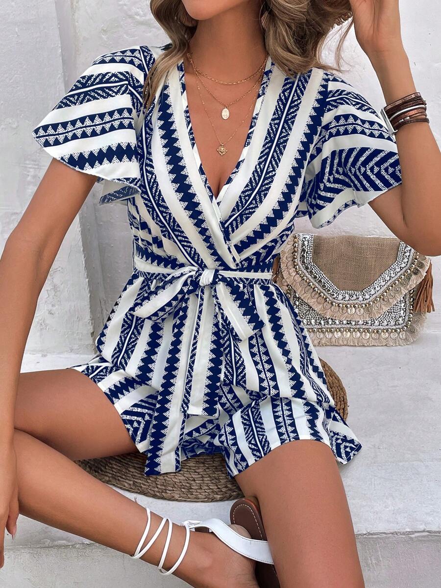 SHEIN Frenchy Geo Print Butterfly Sleeve Ruffle Hem Belted Romper Summer - Blue and White - View 1