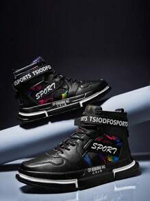 男士字母圖案繫帶高幫運動板鞋適用於戶外 - 黑色 - 查看 4