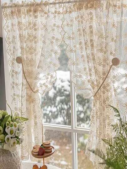 花卉刺繡薄透面Cottagecore滌綸濾光隱私透明窗簾適用於家庭