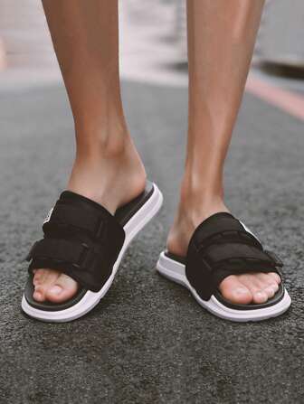 男士字母貼飾魔術貼閒暇網紗拖鞋適合夏天