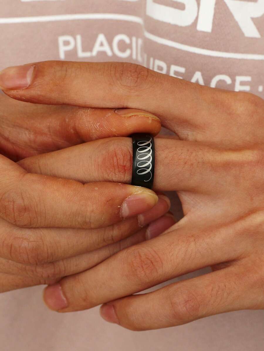 1入組復古不銹鋼螺旋圖案圓環適合男士適用於日常 - 黑色 - 查看 1