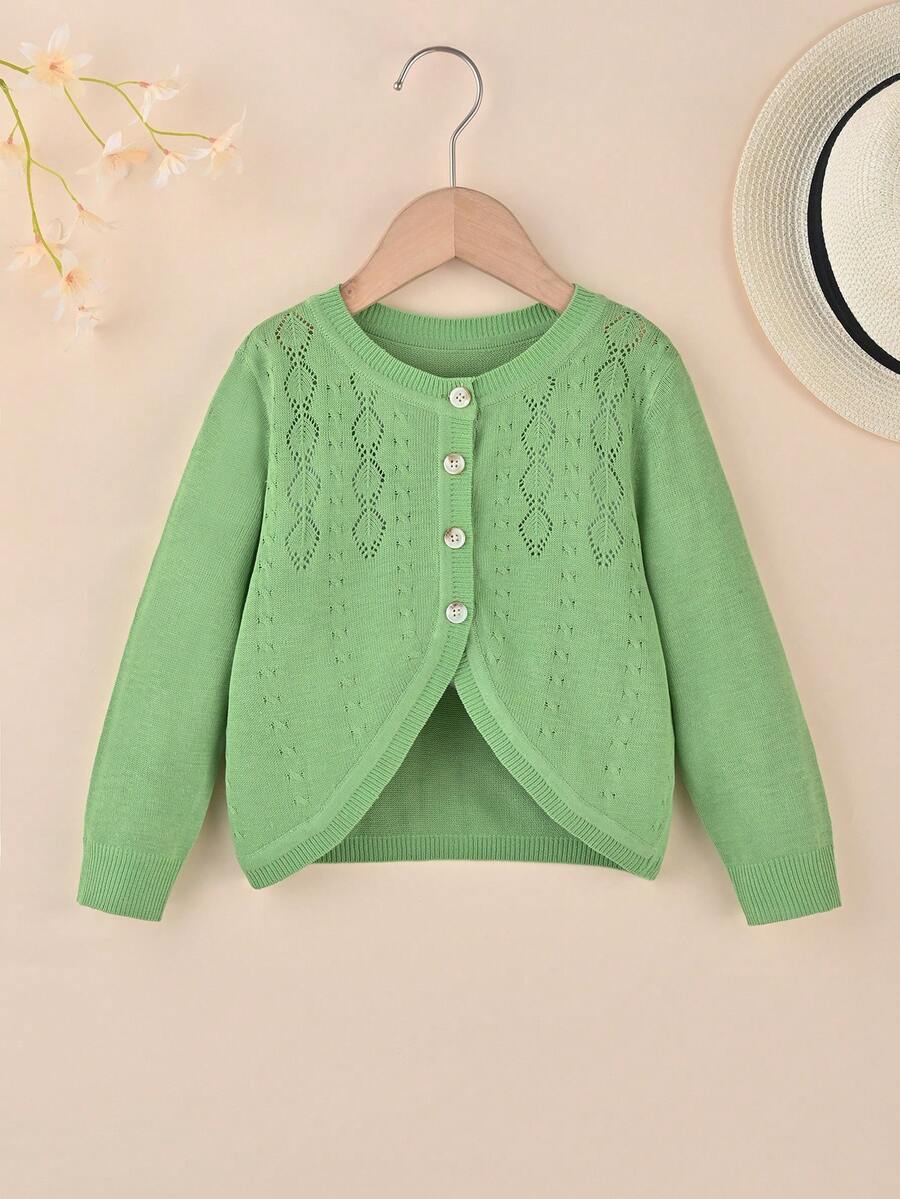 SHEIN 小女童網眼針織不對稱下擺開襟衫 - 綠色 - 查看 1