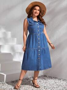 Vestido mezclilla con bolsillo con solapa bajo con fruncido - Azul lavado medio - Ver 1