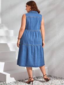 Vestido mezclilla con bolsillo con solapa bajo con fruncido - Azul lavado medio - Ver 2