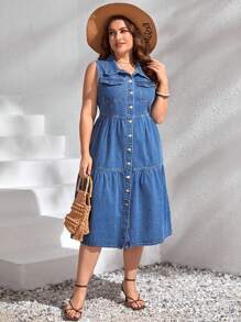 Vestido mezclilla con bolsillo con solapa bajo con fruncido - Azul lavado medio - Ver 3