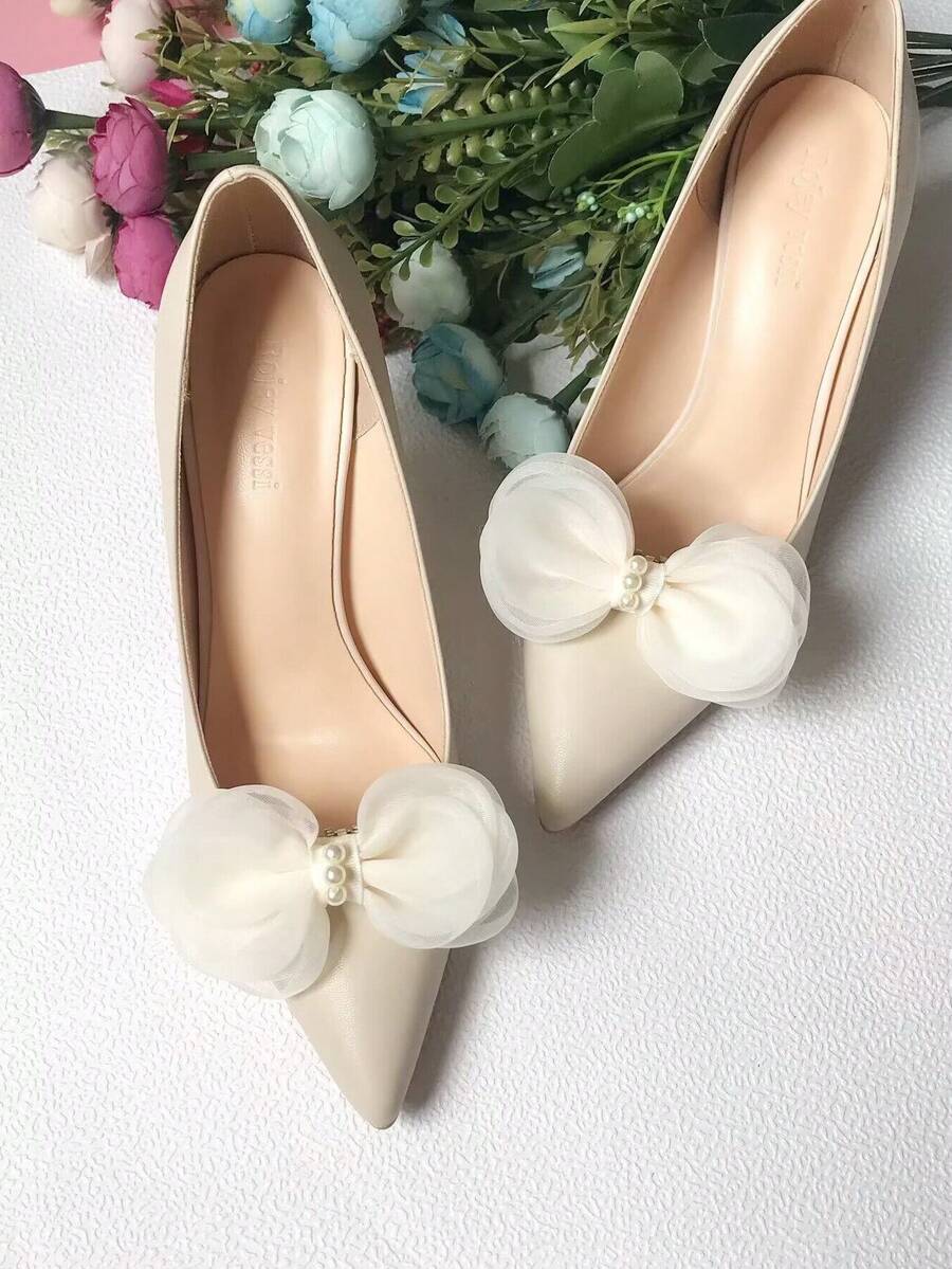2pcs Bow Decor Shoe Decorations, Preppy Beige Decorations For Pumps - Apricot - View 1