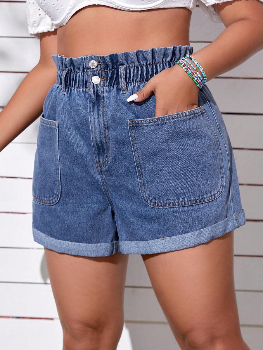 SHEIN EZwear Plus Paperbag Waist Roll Up Hem Denim Shorts - Medium Wash - View 1