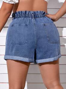 SHEIN EZwear Plus Paperbag Waist Roll Up Hem Denim Shorts - Medium Wash - View 2