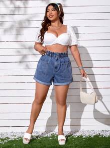 SHEIN EZwear Plus Paperbag Waist Roll Up Hem Denim Shorts - Medium Wash - View 5