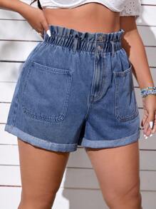 SHEIN EZwear Plus Paperbag Waist Roll Up Hem Denim Shorts - Medium Wash - View 6