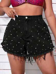 SHEIN ICON Quần short denim oversized Ngọc trai Túi Hem thô màu trơn - màu đen - Xem 1