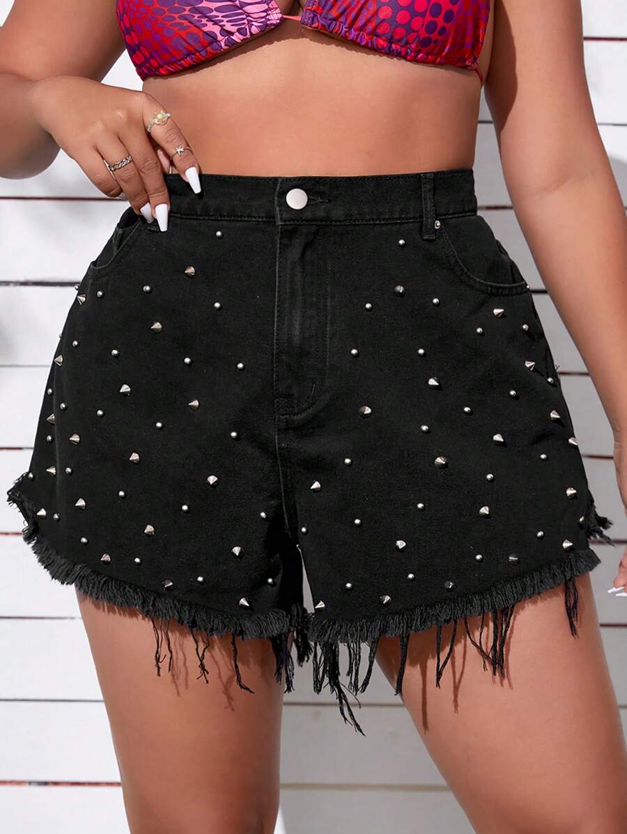 SHEIN ICON Quần short denim oversized Ngọc trai Túi Hem thô màu trơn - màu đen - Xem 1
