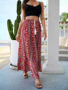 SHEIN VCAY Ditsy Floral Print Tassel Drawstring Waist Ruffle Hem Skirt - Multicolor - View 4