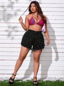 SHEIN ICON Quần short denim oversized Ngọc trai Túi Hem thô màu trơn - màu đen - Xem 6