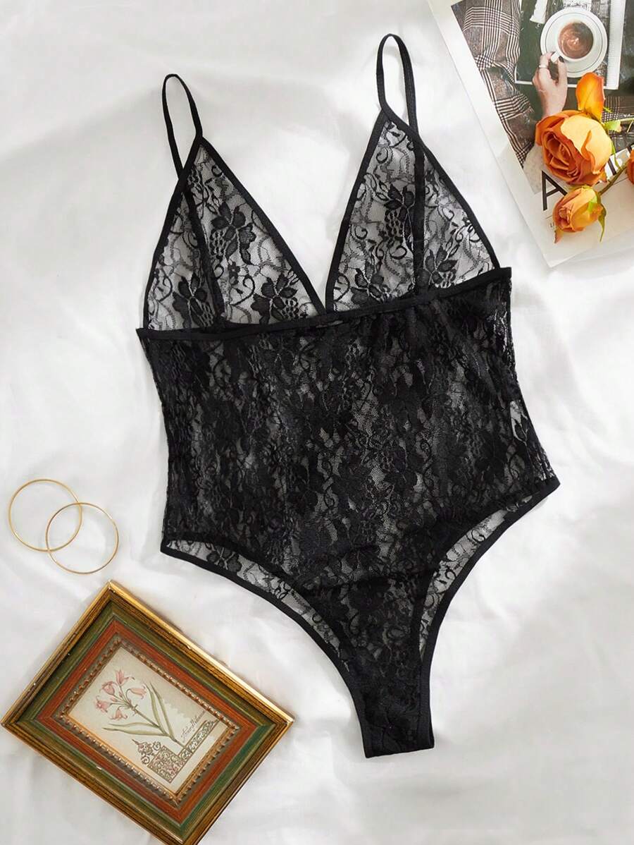 Body teddy con encaje floral - Negro - Ver 1