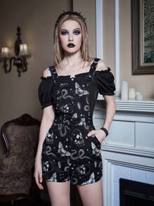 ROMWE Goth 骷髅頭圖案背帶連體短褲 - 黑色 - 查看 1