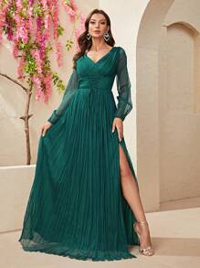 YISIKADO Women's Elegant A-Line Dress, V-Neck Long Sleeve, Burgundy Fabric, Pleated Slit Design - Dark Green - View 1