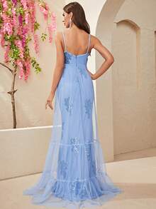 YISIKADO Sequin Floral Mesh Overlay Cami Dress - Baby Blue - View 2