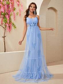 YISIKADO Sequin Floral Mesh Overlay Cami Dress - Baby Blue - View 4