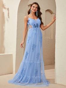 YISIKADO Sequin Floral Mesh Overlay Cami Dress - Baby Blue - View 5