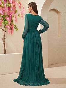 YISIKADO Women's Elegant A-Line Dress, V-Neck Long Sleeve, Burgundy Fabric, Pleated Slit Design - Dark Green - View 2
