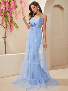 YISIKADO Sequin Floral Mesh Overlay Cami Dress - Baby Blue - View 6