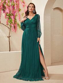 YISIKADO Women's Elegant A-Line Dress, V-Neck Long Sleeve, Burgundy Fabric, Pleated Slit Design - Dark Green - View 5