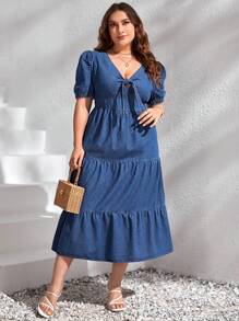 SHEIN Frenchy 大碼泡泡袖前打結荷葉邊牛仔裙