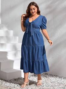 SHEIN Frenchy 大碼泡泡袖前打結荷葉邊牛仔裙