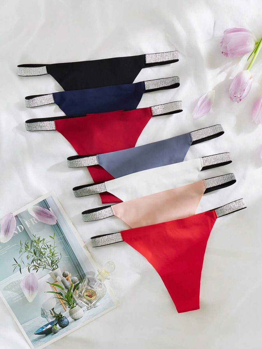 7packs Plain Tape Detail Sexy Thongs