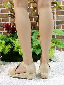 Vacation Ankle Strap Wedge Shoes For Women, Faux Suede Espadrille Wedge Shoes - Apricot - View 2